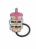 Cute iced drink straw charm with pink lid and “COLD LIKE MY HEART” lettering, shown on a white background