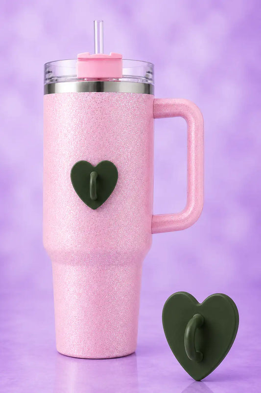 Forest green heart-shaped charm hook attached to a pink glitter water bottle, with a matching hook displayed beside it