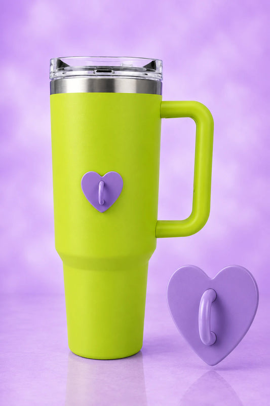Lavender heart-shaped charm hook attached to a lime green water bottle, with a matching hook displayed beside it