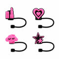 Set of four pink and black straw charms featuring lipstick, heart, sleepy cloud and star designs