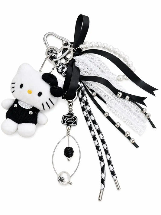 Soft Goth Kitty Bag Charm with monochrome kitty, pearl strand, lace, black ribbons and silver accents