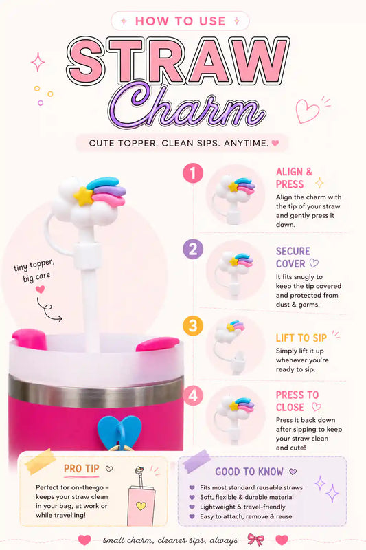 Straw charm usage guide showing how to attach and lift a straw topper for sipping