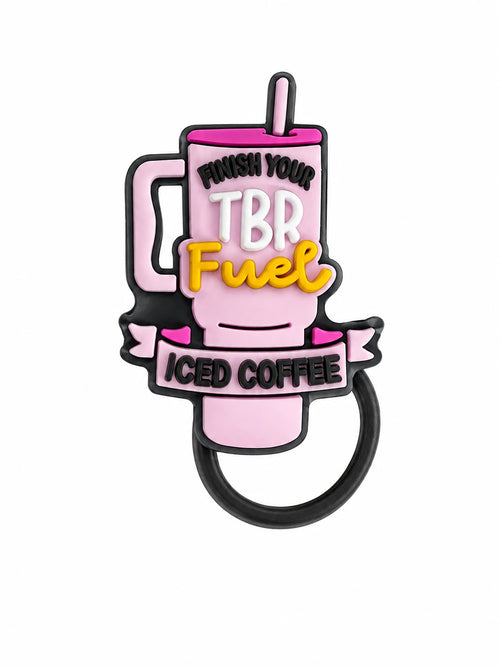 TBR Fuel iced coffee straw charm featuring a pink iced coffee cup design with colorful lettering and a black loop on a white background
