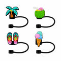 Set of four tropical straw charms featuring a palm tree, coconut drink, flip flops and ice cream cone