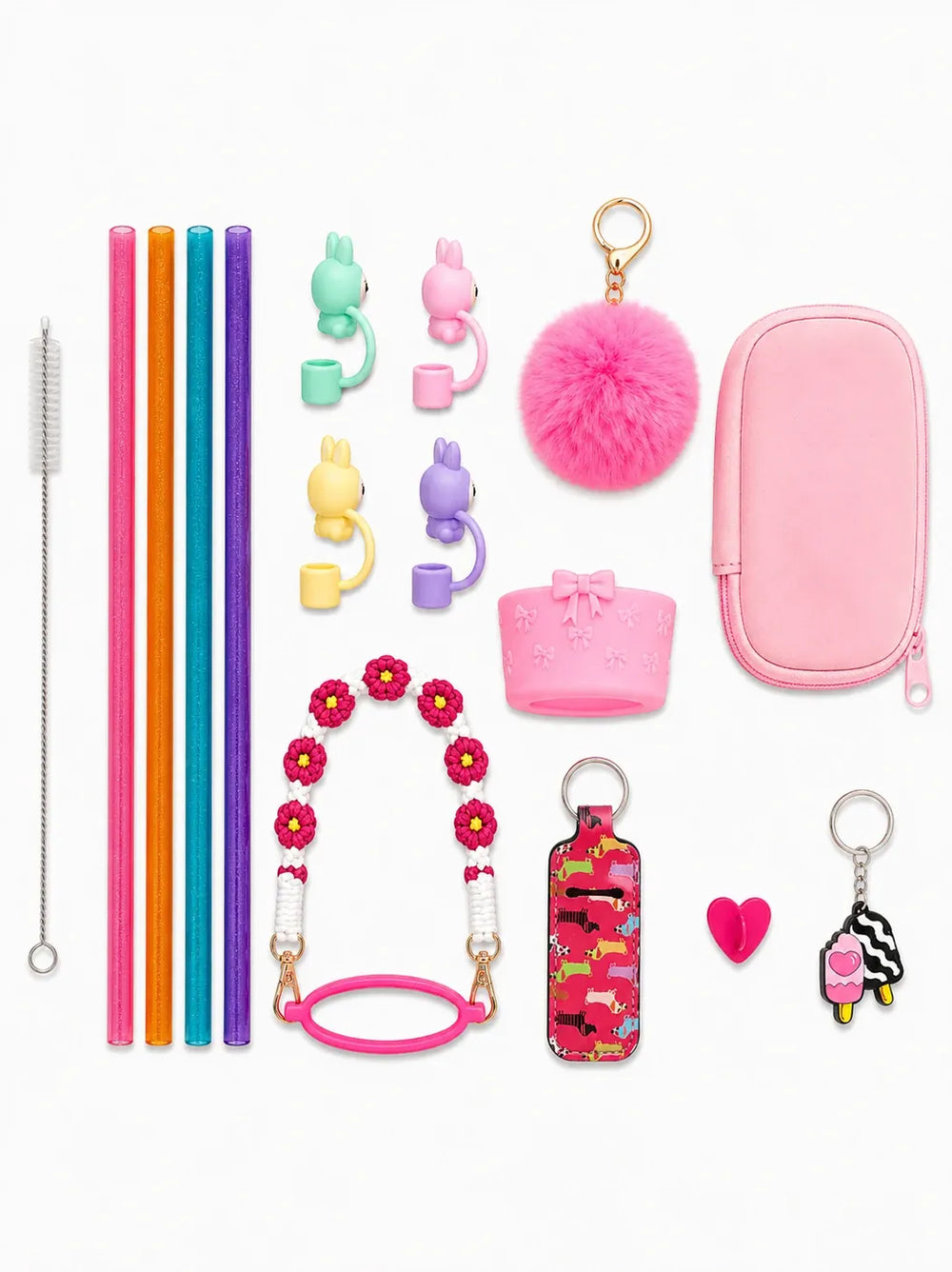 Ultimate IT Girl Bundle Pink Edition with reusable straws, bunny charms, pink pom pom, floral bottle strap, pink pouch and bottle accessories