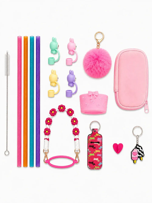 Ultimate IT Girl Bundle Pink Edition with reusable straws, bunny charms, pink pom pom, floral bottle strap, pink pouch and bottle accessories