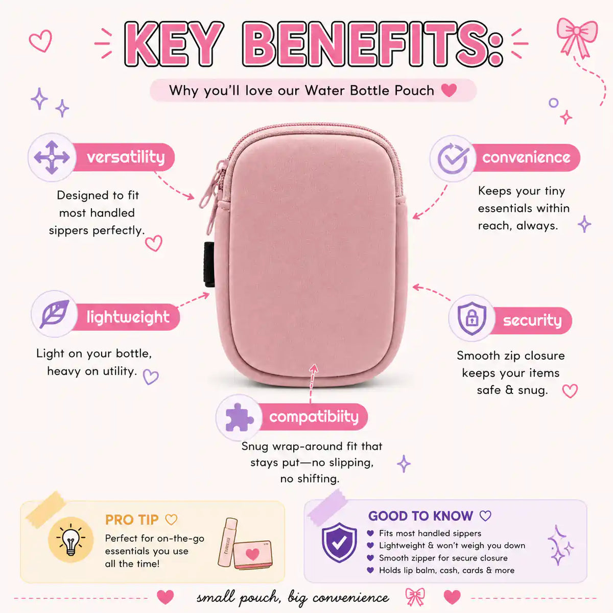 Product benefits graphic for the blush water bottle pouch highlighting versatility, lightweight design, convenience, secure zipper closure, and compatibility with handled sippers