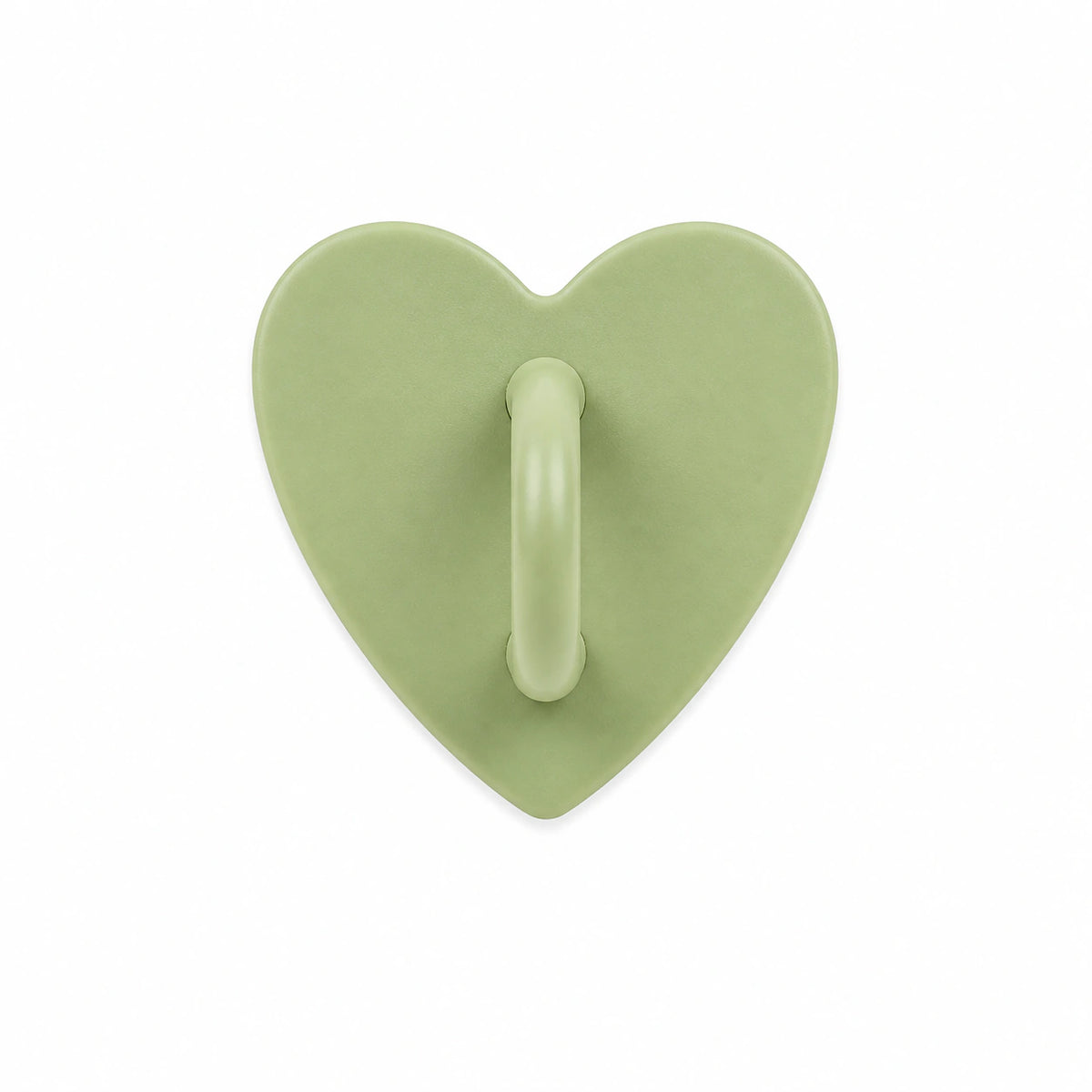 Sage green heart-shaped stick-on charm hook on a white background