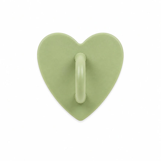 Sage green heart-shaped stick-on charm hook on a white background