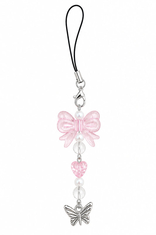 Blush pink butterfly water bottle charm with pearl and clear beads, pink heart accent, silver butterfly detail and black wrist strap