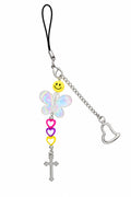 Iridescent butterfly water bottle charm with smiley bead, colorful heart beads, silver cross pendant and detachable clip