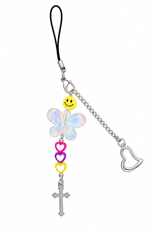 Iridescent butterfly water bottle charm with smiley bead, colorful heart beads, silver cross pendant and detachable clip