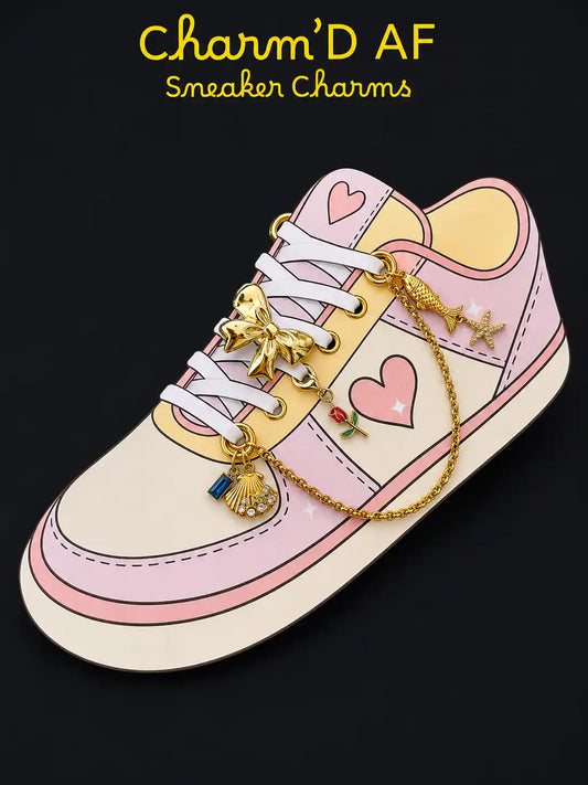 Illustration of the Charm'D AF Bowtique Edit gold shoe charm bundle with starfish chain, sculpted bow, red rose, shell and blue gemstone charms