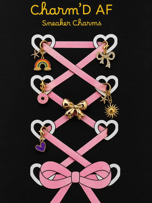 Charm'D AF Confetti Edit gold shoe charm bundle showing sun, rainbow, pink donut, purple heart, starfish and bow charms