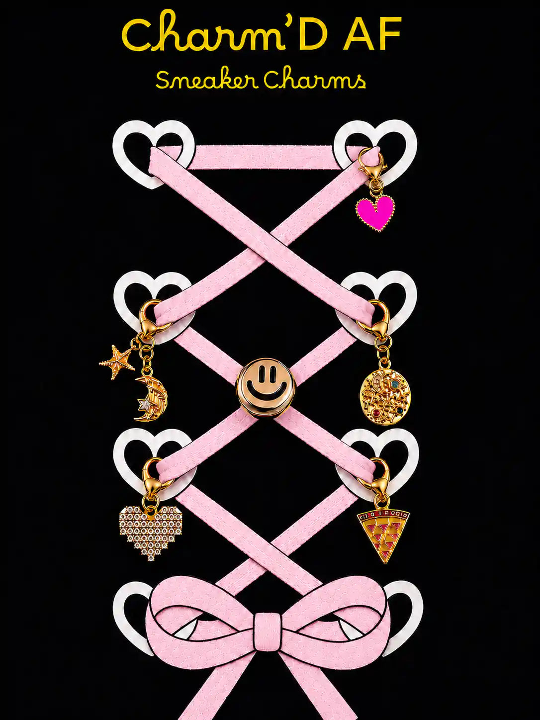 Charm'D AF Delulu Edit gold shoe charm bundle showing smiley face, celestial moon and star, pizza, pink heart and crystal heart charms