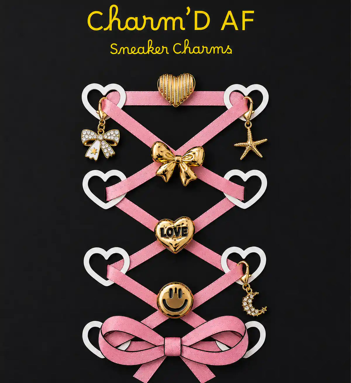 Charm'D AF Gold Rush Edit seven-piece gold shoe charm bundle showing bows, striped heart, LOVE heart, smiley face, starfish and moon charms