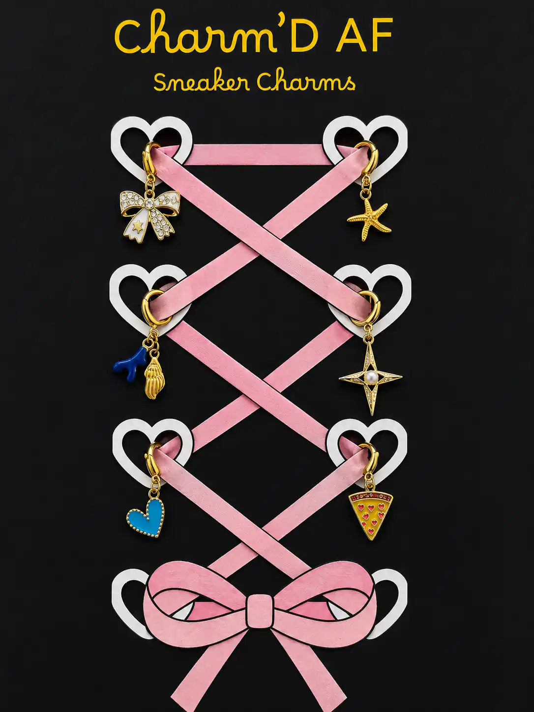 Charm'D AF Main Character Edit gold shoe charm bundle showing crystal bow, starfish, shell, star, blue heart and pizza charms