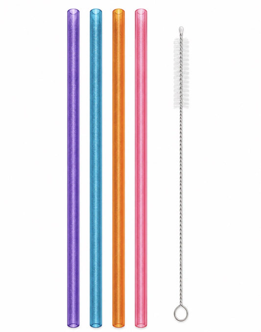Charm'D AF pastel reusable straws set featuring four glittery straws in purple, blue, orange and pink with a cleaning brush