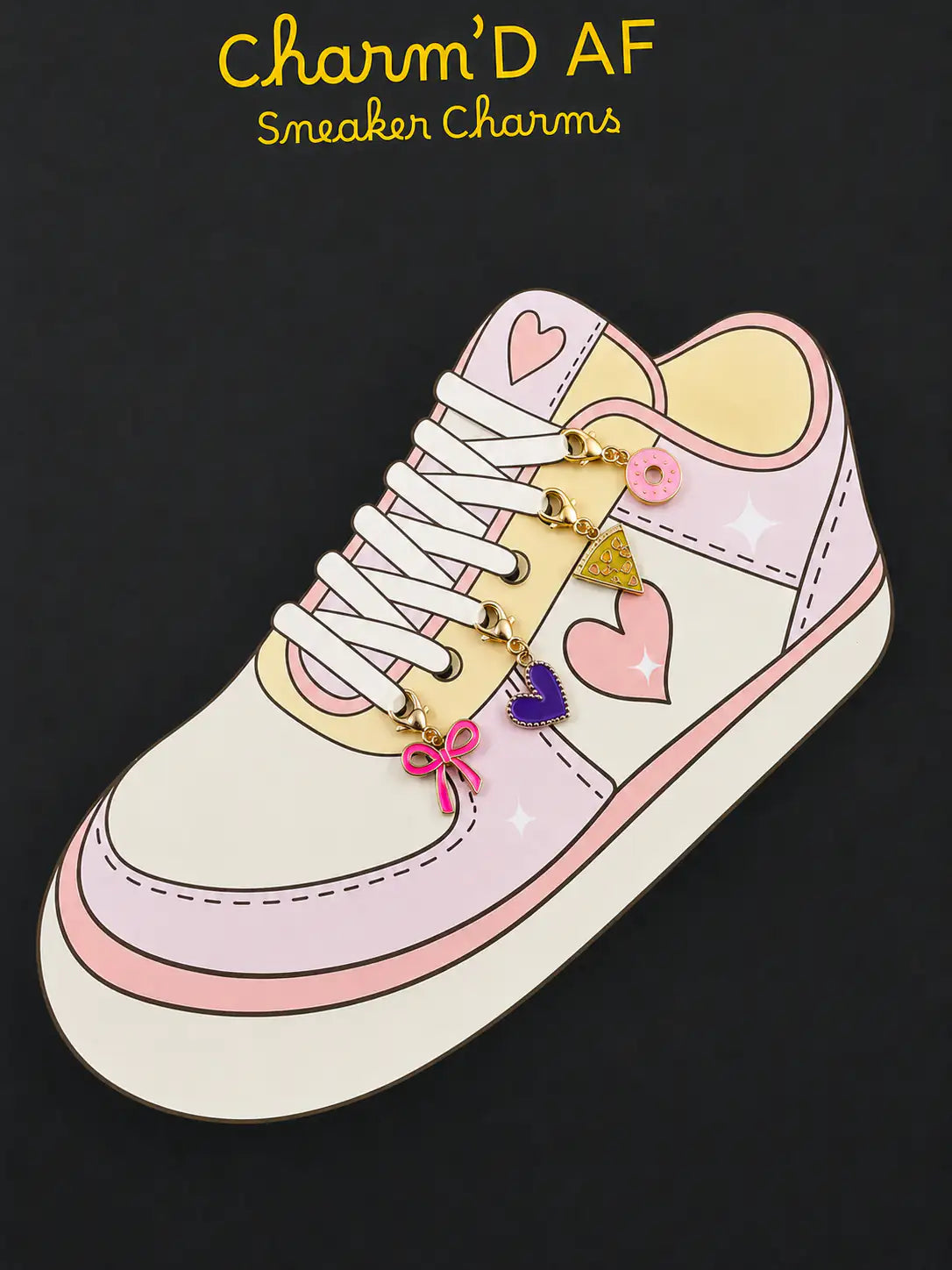 Illustration of the Charm'D AF Slice Slice Baby Edit gold shoe charm bundle with pink bow, purple heart, pizza and donut charms