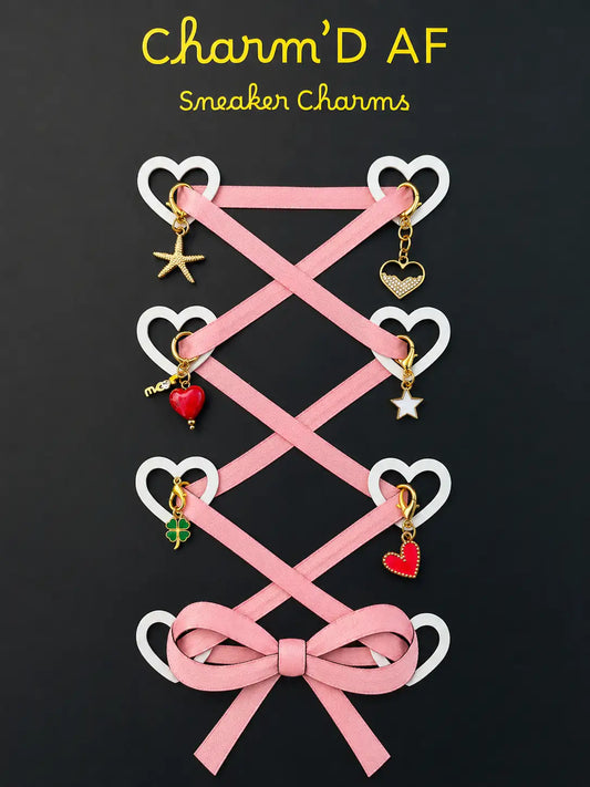 Charm'D AF Manifest Edit gold shoe charm bundle showing starfish, hearts, star, green clover and red heart key charms