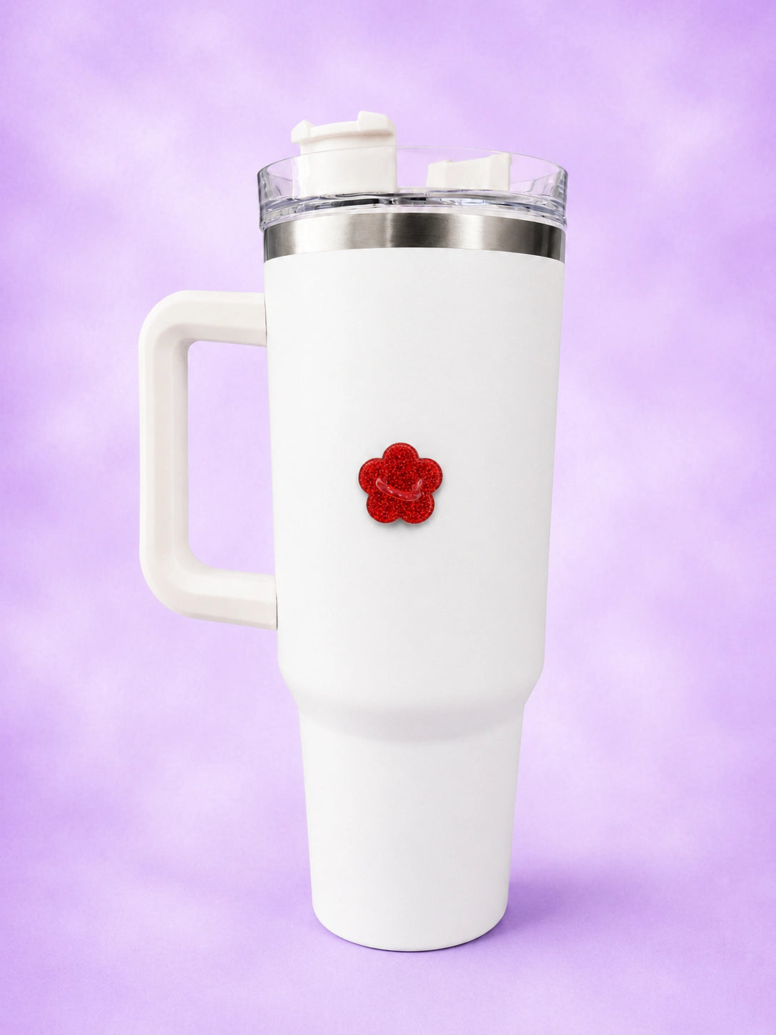 White handled tumbler with a red glitter flower bottle hook