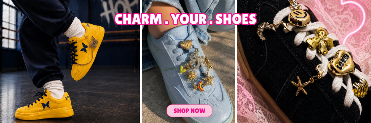 Charm’D AF shoe charms on stylish sneakers with gold and colourful shoe accessories, promoting trendy sneaker charms and shoe charms.