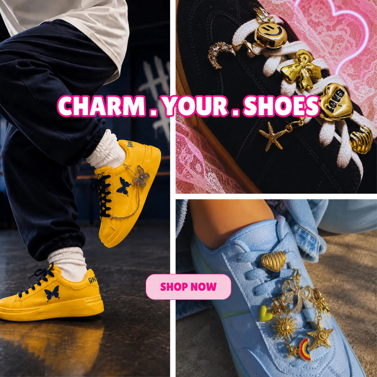 Charm’D AF shoe charms styled on yellow, black and blue sneakers with colourful and gold shoe accessories, featuring “Charm Your Shoes” and “Shop Now”.