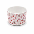 Cherry checker water bottle boot with pink and white cherry, flower, and decorative motifs, shown on a white background.
