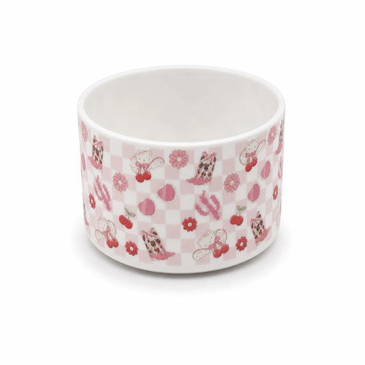 Cherry checker water bottle boot with pink and white cherry, flower, and decorative motifs, shown on a white background.