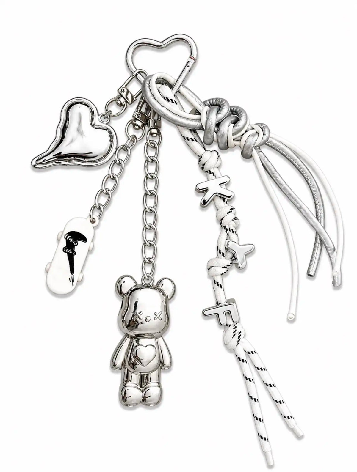 Chrome Crush Teddy Bag Charm with silver teddy, heart charm, skateboard charm and white braided cords