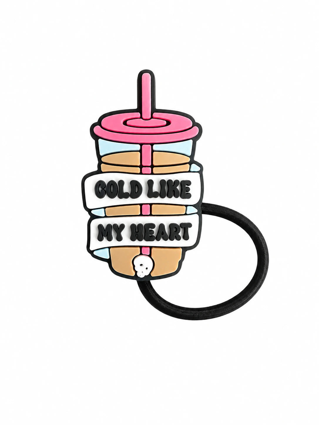 Cute iced drink straw charm with pink lid and “COLD LIKE MY HEART” lettering, shown on a white background