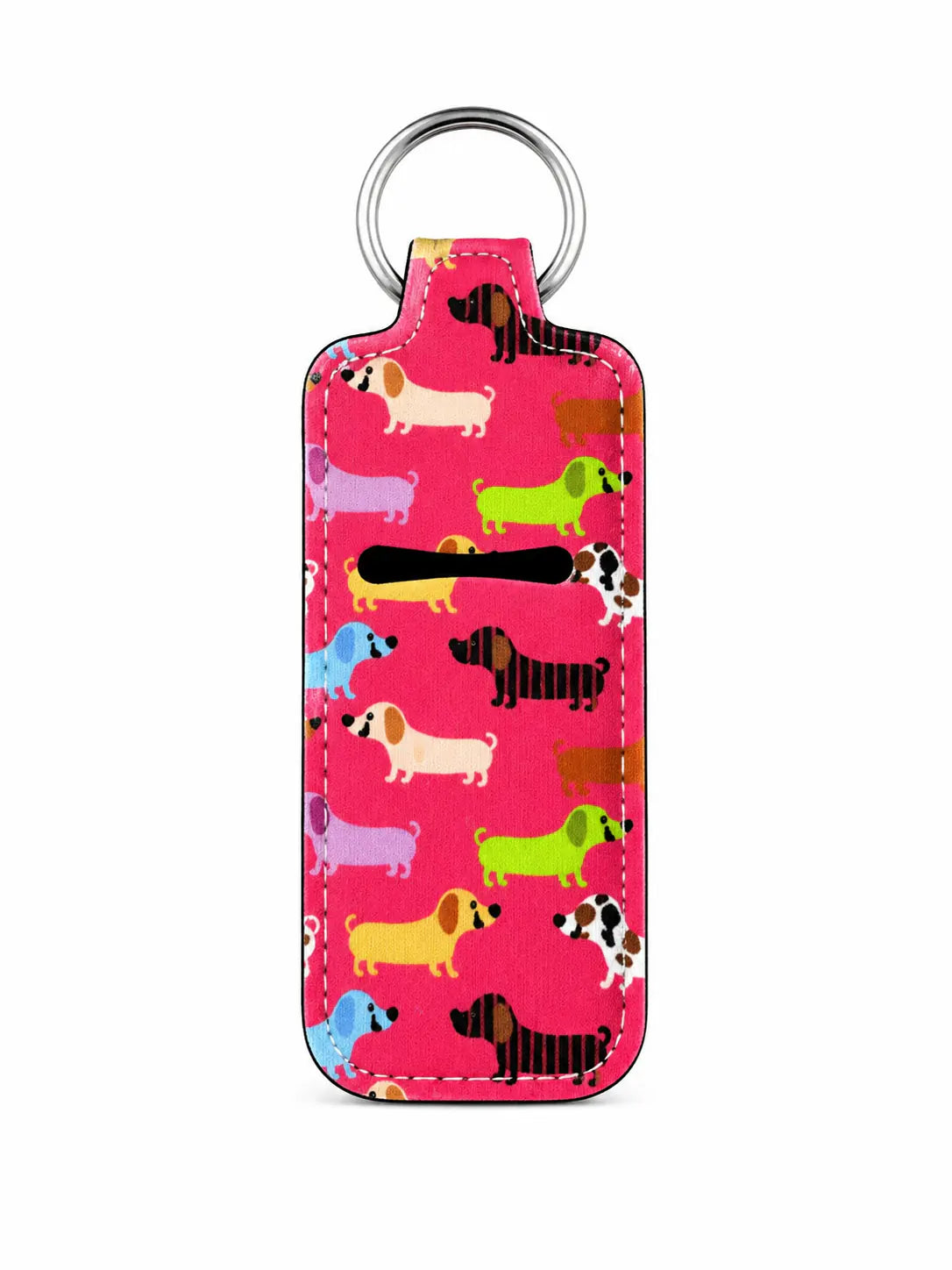 Dachshund Darling Lip Balm Holder with colourful dachshund print, pink background, leatherette body and silver key ring