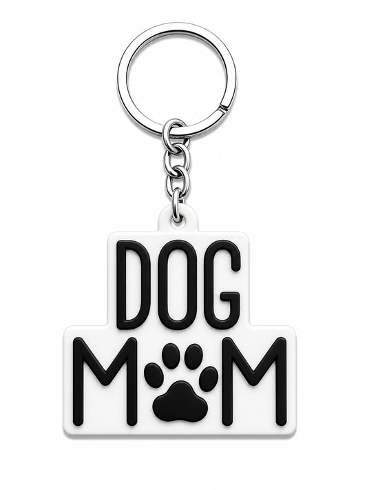 Dog Mom Energy Rubber Charm with bold DOG MOM lettering, black paw print and silver key ring