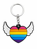 Fly High Rubber Charm featuring a colourful rainbow heart with white angel wings and a silver metal key ring