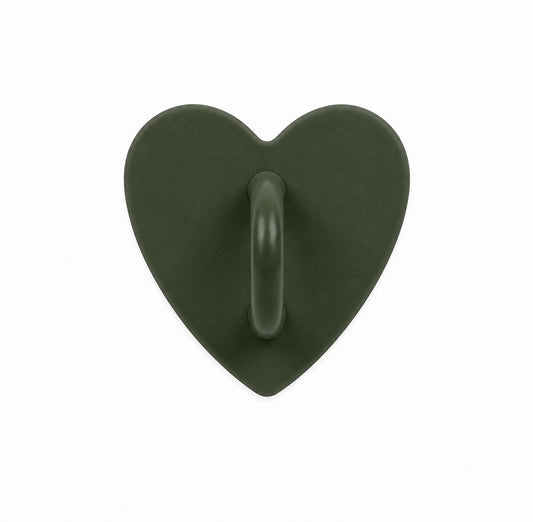 Forest green heart-shaped stick-on charm hook on a white background