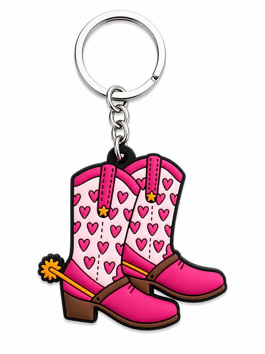 Heartbreaker Boots Rubber Charm featuring pink cowboy boots with heart prints, star details and a silver metal key ring