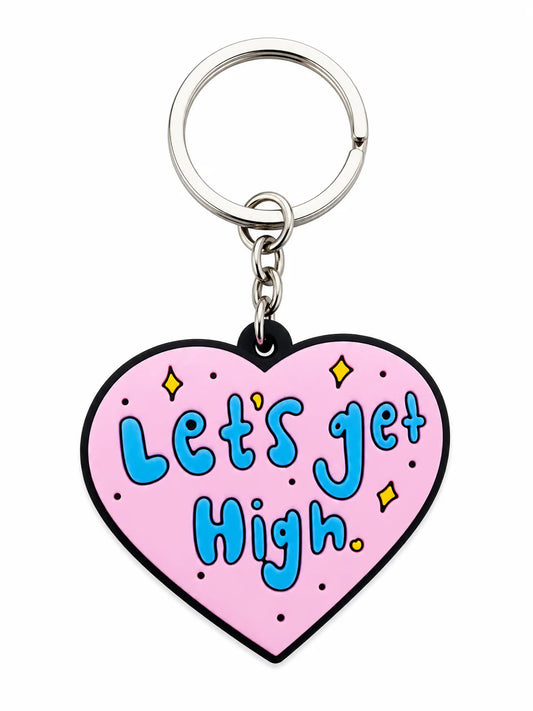 High on Vibes Rubber Charm featuring a pink candy heart with blue “Let's Get High” lettering and yellow sparkle details