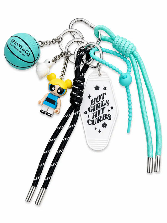Hot Girl Summer Aqua Bag Charm with mini girl, basketball, duck charm, aqua cords and playful statement tag