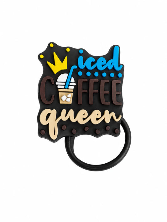Iced Coffee Queen straw charm with blue lettering, coffee cup graphic and crown on a black background