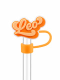 Leo zodiac straw charm with peach lettering and orange detailing on a clear straw