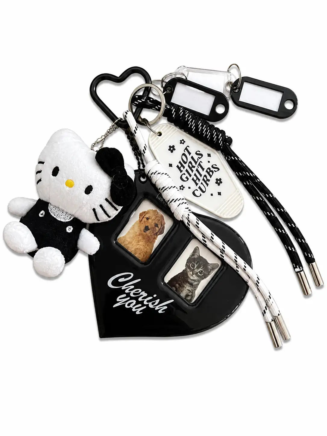 Midnight Album Kitty Bag Charm with black and white plush kitty, heart charm, photo tags and layered cords