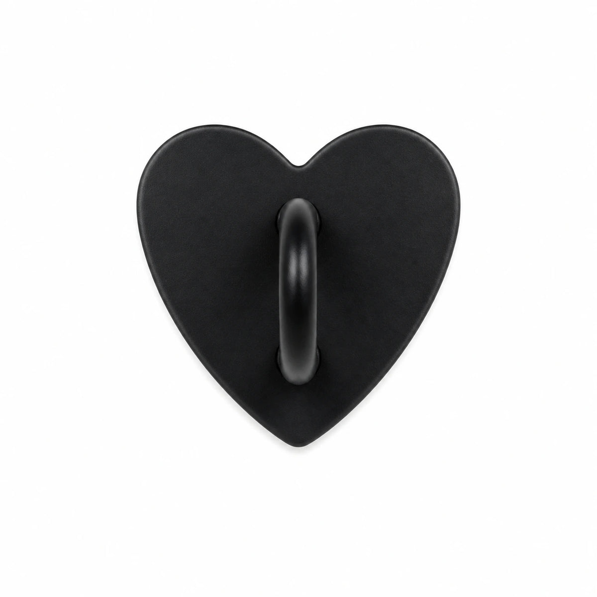 Black heart-shaped stick-on charm hook on a white background