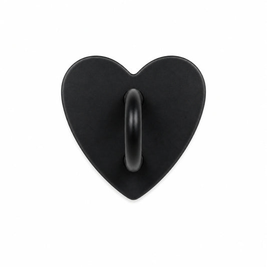 Black heart-shaped stick-on charm hook on a white background