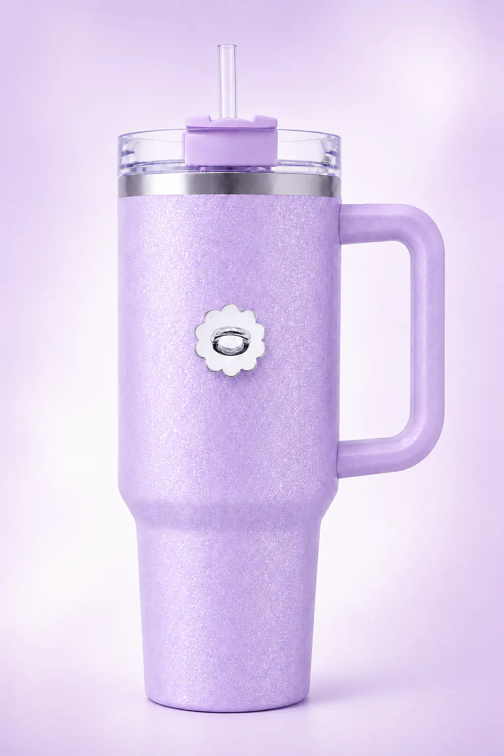 Lavender glitter tumbler with a white flower bottle hook featuring a silver center