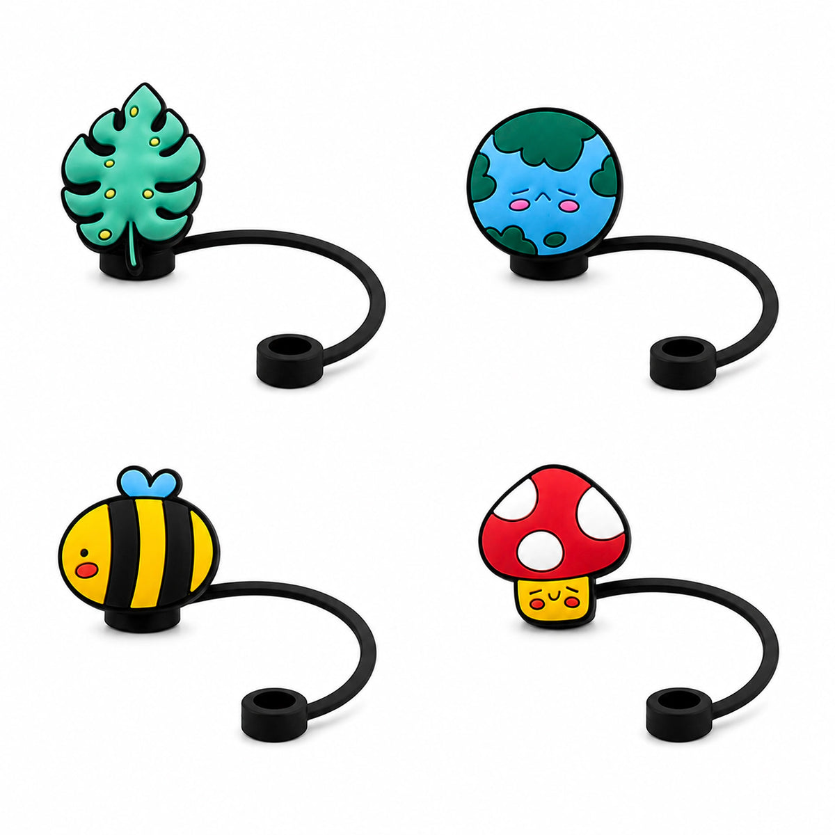 Set of four nature-themed straw charms featuring a monstera leaf, blue floral design, bee and red mushroom