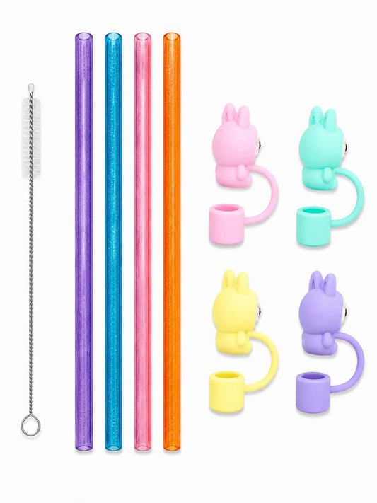 Pastel reusable straw and Snuggly Bunny straw charm pack featuring four glittery straws in purple, blue, pink and orange, four colorful bunny charms and a cleaning brush