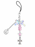 Iridescent peace bow water bottle charm with pink teddy bear beads, flower bead, silver cross pendant and peace sign charm