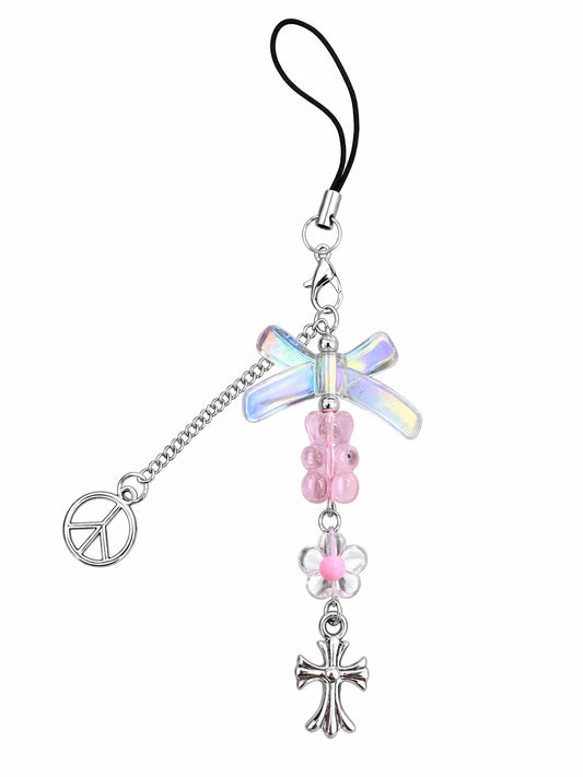 Iridescent peace bow water bottle charm with pink teddy bear beads, flower bead, silver cross pendant and peace sign charm