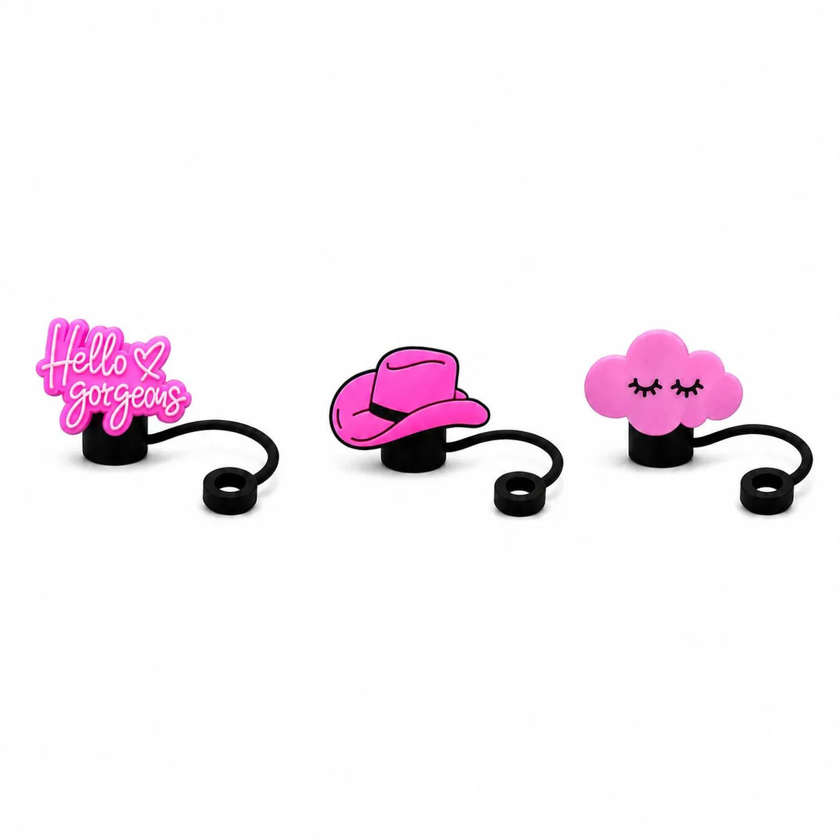 Pink Attitude Straw Charm Collection featuring pink cowboy hat, sleepy cloud and Hello Gorgeous straw charms