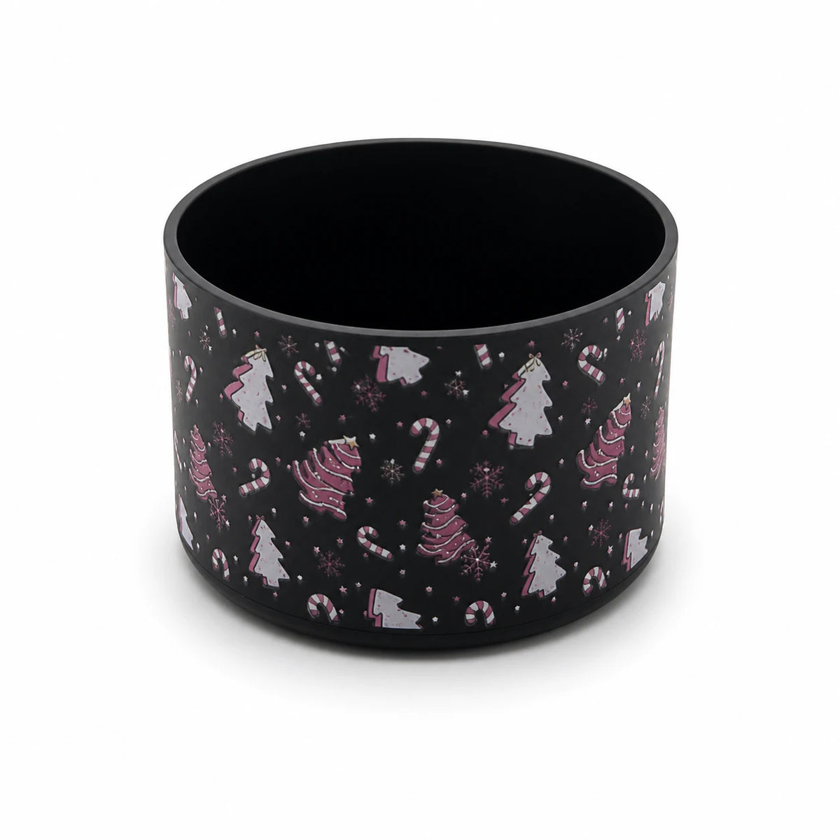 Black water bottle boot with a pink-and-white Christmas pattern featuring candy canes, Christmas trees, snowflakes, and festive details, shown on a white background.